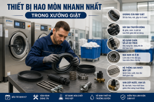 Kỹ thuật viên kiểm tra thiết bị giặt là công nghiệp trong xưởng giặt
